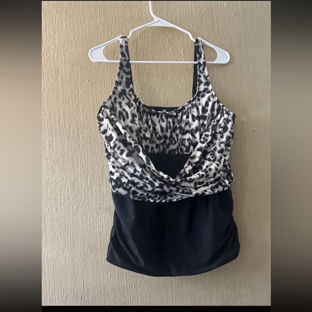 Lands' End Slender Square Neck Swim Top Tankini Black Animal Print 506230 Sz 18